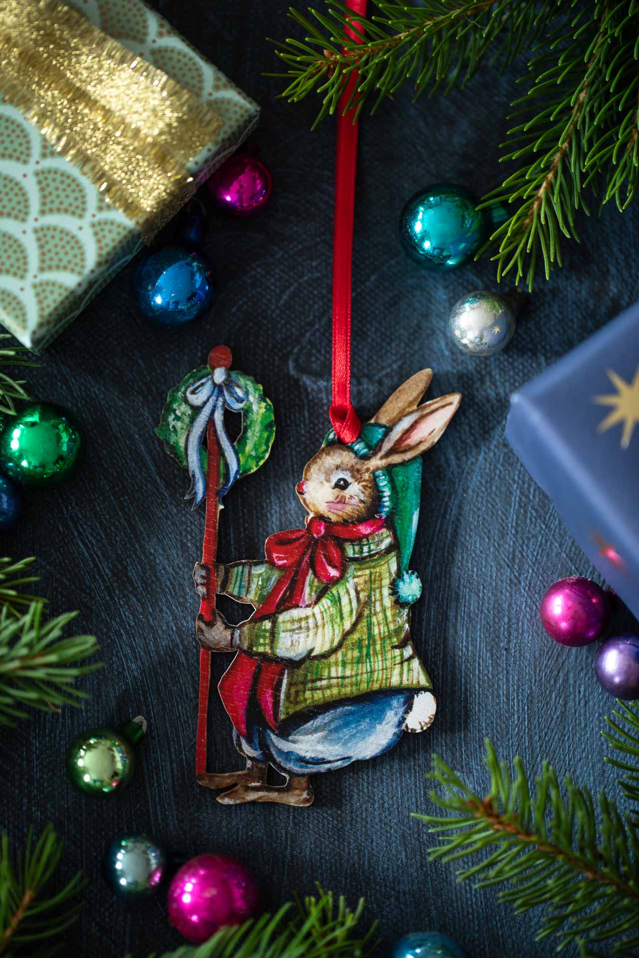 Christmas Bunny with Garland ~ Fortnum and Mason X Amy Swann ~ Hanging Wooden Decoration