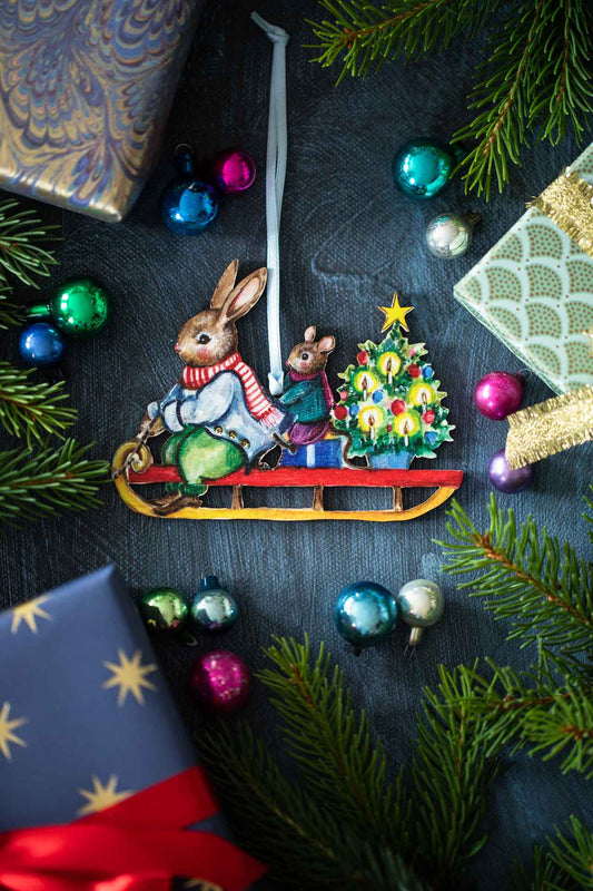 Sledge Ride ~ Fortnum & Mason X Amy Swann ~ Hanging Wooden Decoration