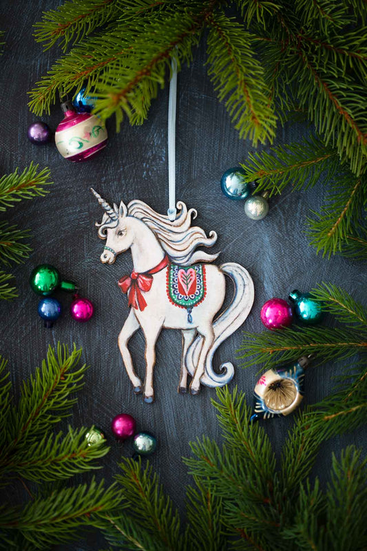 Christmas Unicorn - Hanging Wooden Decoration