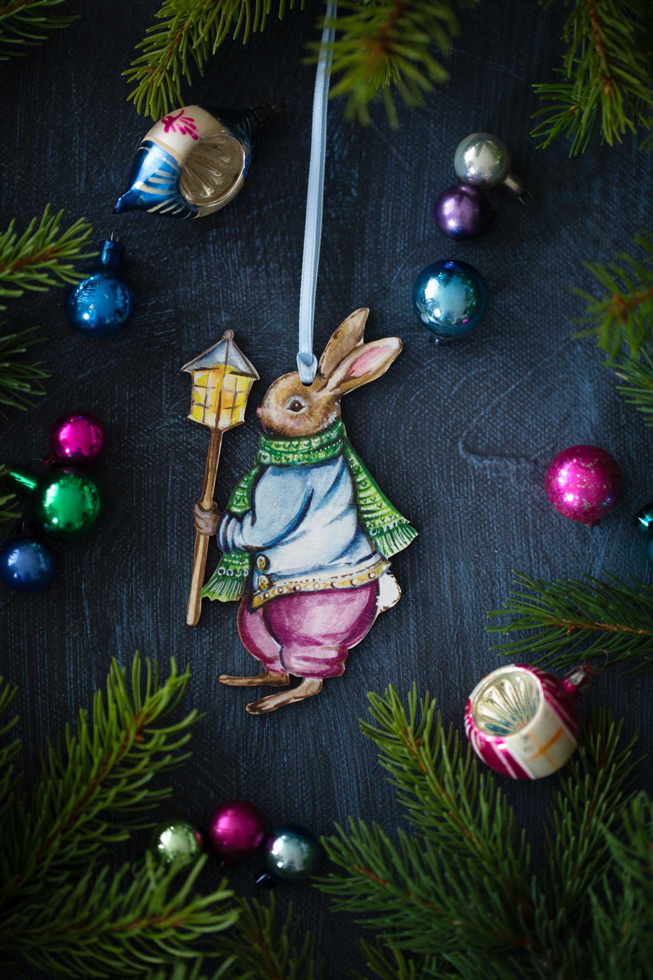 Christmas Boy Bunny With Lantern ~ Hanging Wooden Decoration