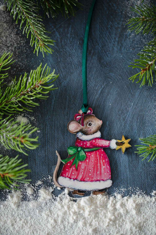 Christmas Star Mouse- Hanging Wooden Decoration