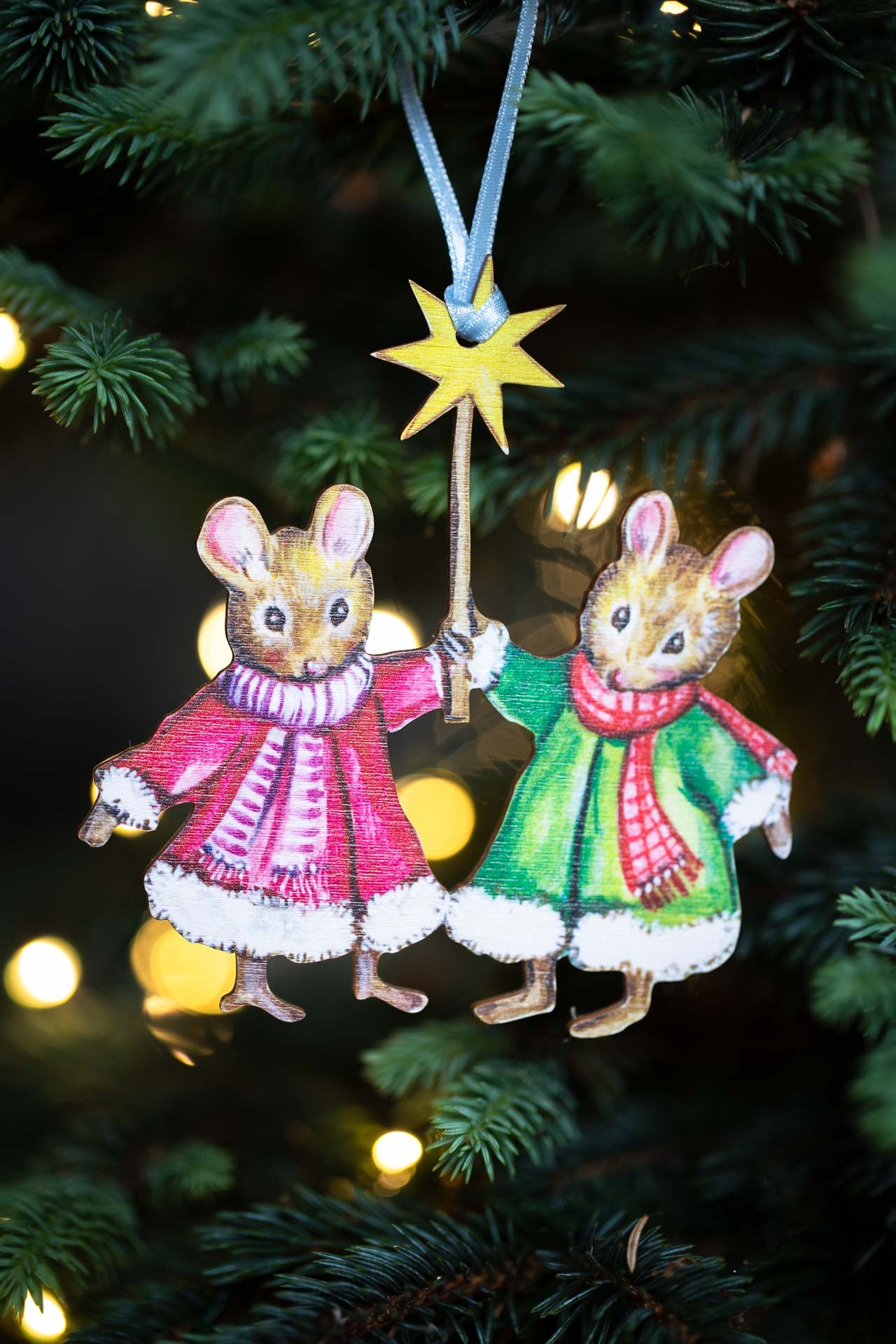 Twin Christmas Mice ~ Fortnum & Mason X Amy Swann ~ Hanging Wooden Decoration