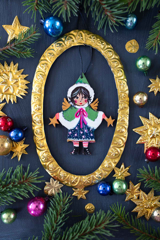 Folk Angel with Stars ~ Hanging Wooden Decoration