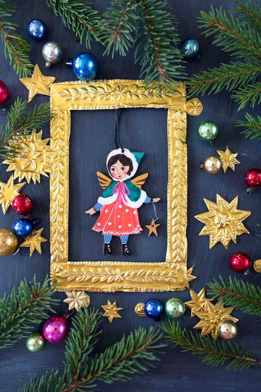 Folk Angel Red Dress ~ Hanging Wooden Decoration