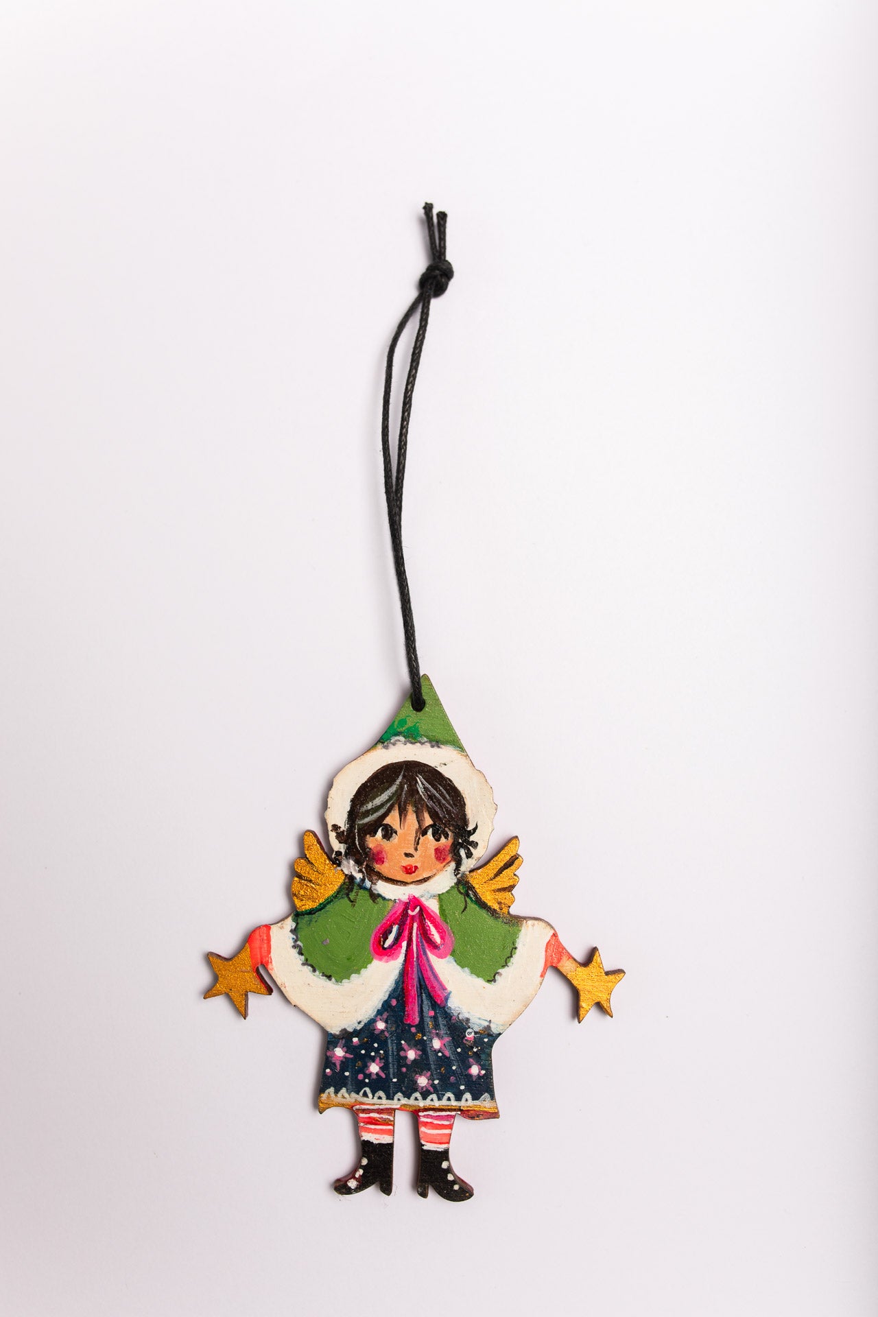 Folk Angel with Stars ~ Hanging Wooden Decoration