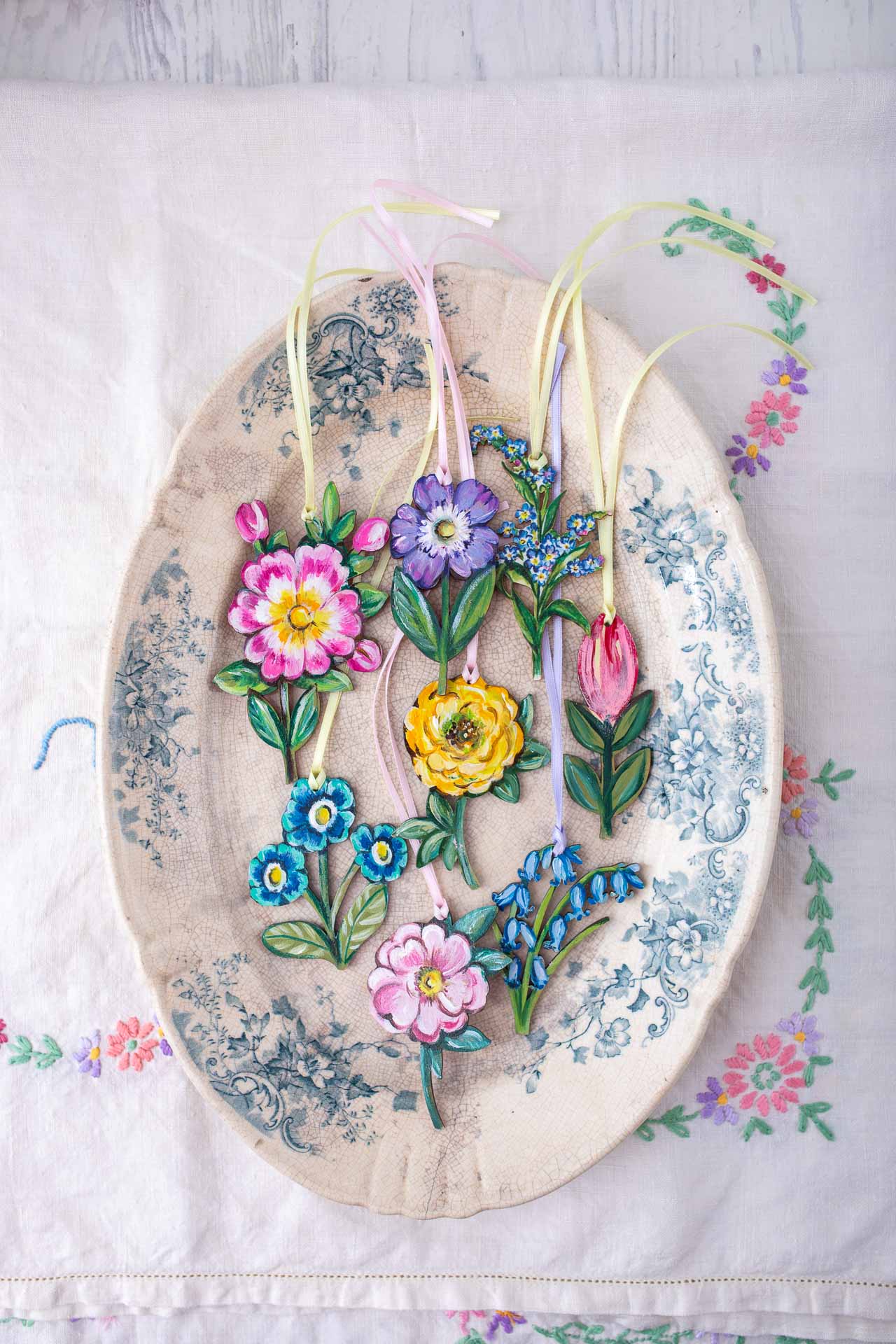 Hand Painted Flower ~ Yellow Rose ~ Hanging Wooden Decoration