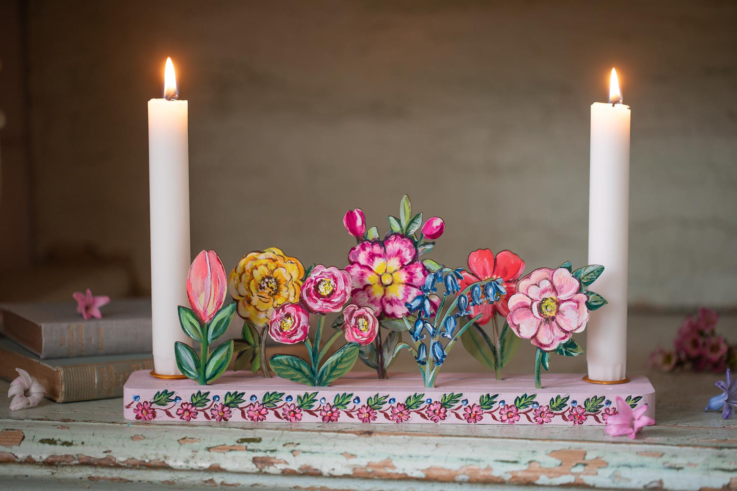 Set of 7 Hand Painted Flowers for Celebration Ring and Candle Holder