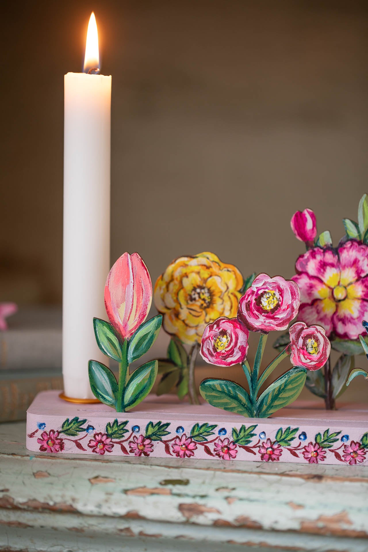 Set of 7 Hand Painted Flowers for Celebration Ring and Candle Holder