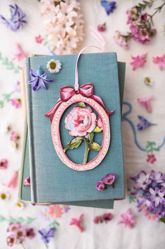 Pink Rose With Bow ~ Hanging Wooden Decoration