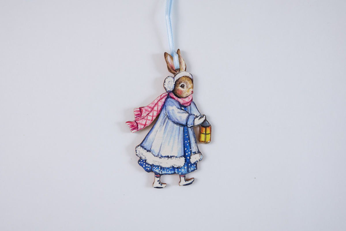 Skating Rabbit and Lantern ~ Hanging Wooden Decoration