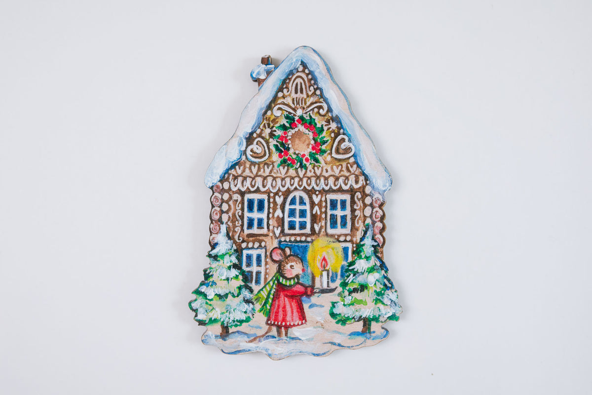 Gingerbread House and Mouse with Candle ~ Hanging Wooden Decoration