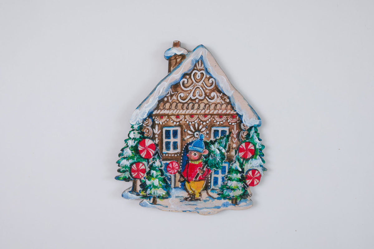 Gingerbread House with Mouse and Sweets ~ Hanging Wooden Decoration