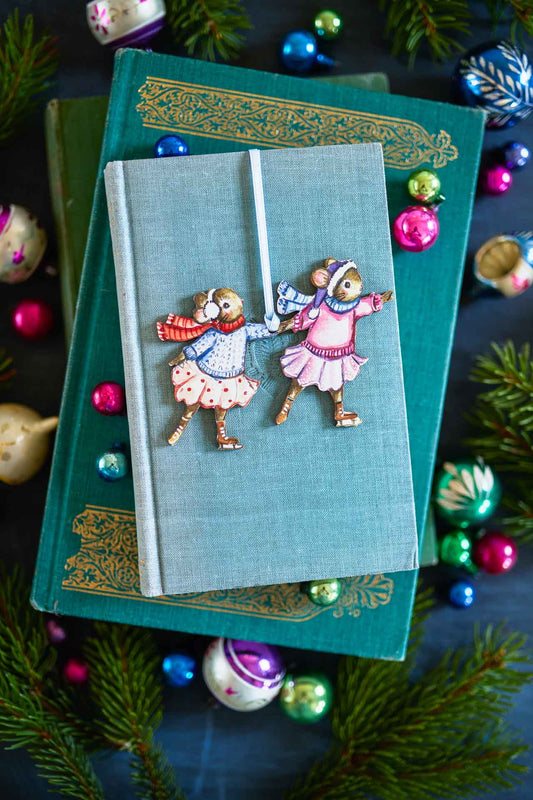 Skating Mice (girls)  ~ Hanging Wooden Decoration