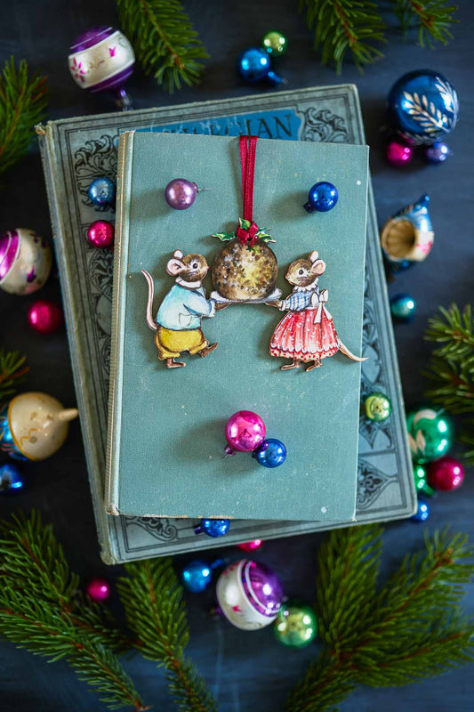 Mr and Mrs Mouse and the Christmas Pudding ~ Hanging Wooden Decoration