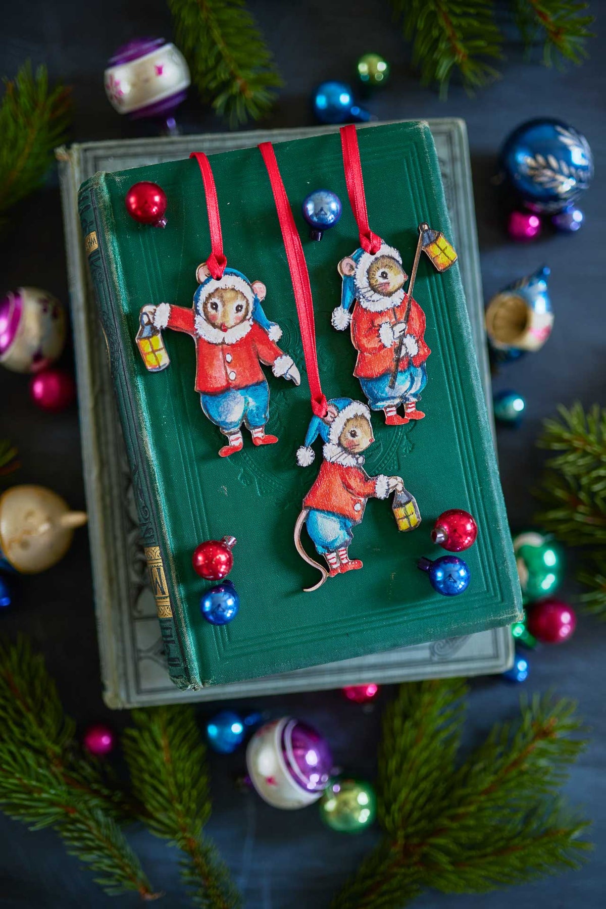 Trio of Elf Mice ~ Hanging Wooden Decoration