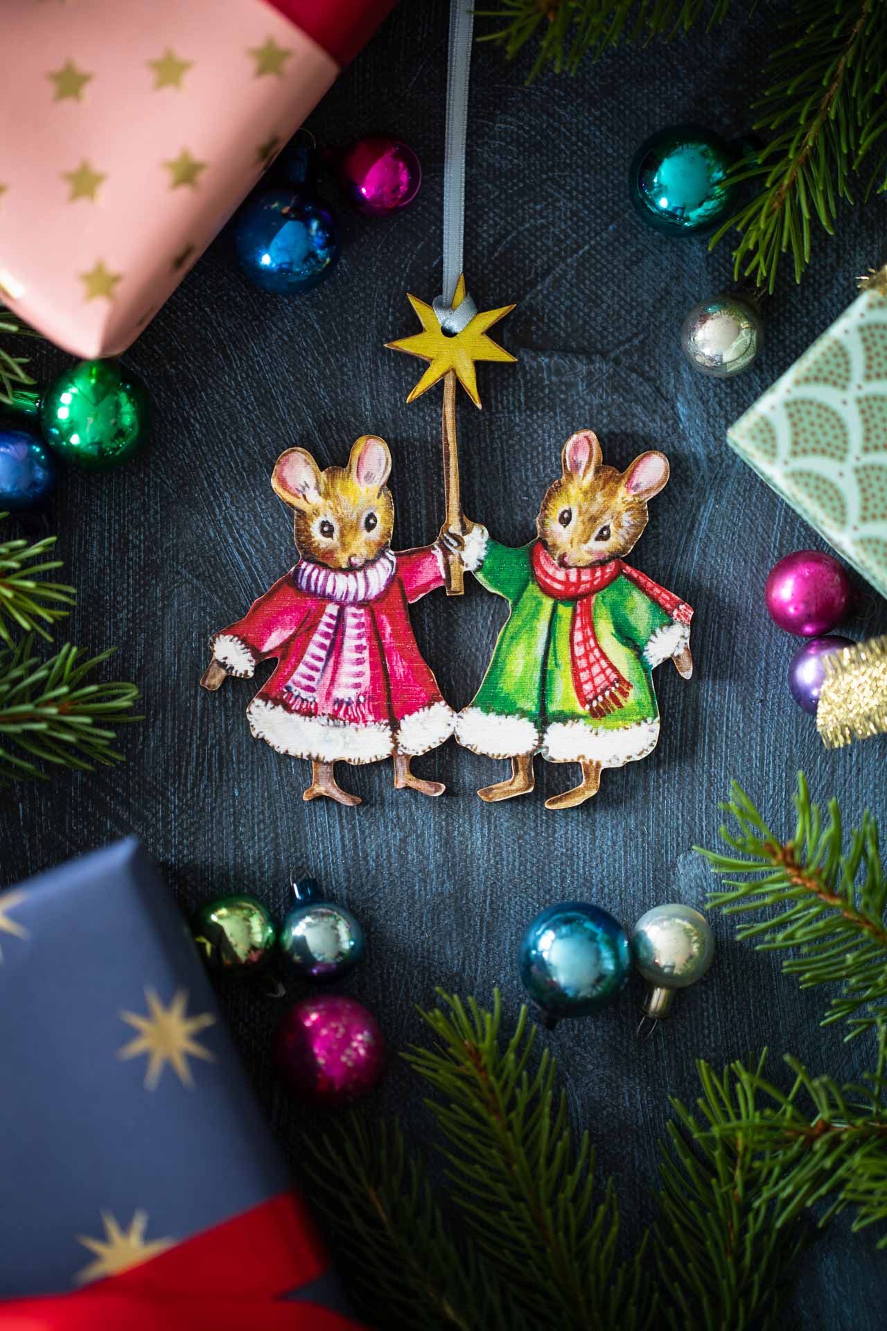 Twin Christmas Mice ~ Fortnum & Mason X Amy Swann ~ Hanging Wooden Decoration