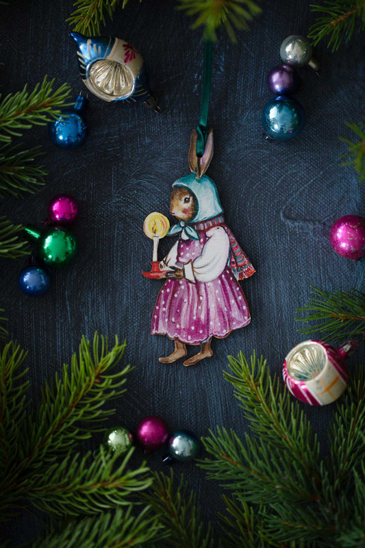 Christmas Bunny with Headscarf ~ Hanging Wooden Decoration