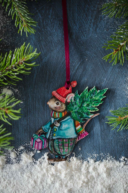 The Christmas Tree Mouse- Hanging Wooden Decoration.