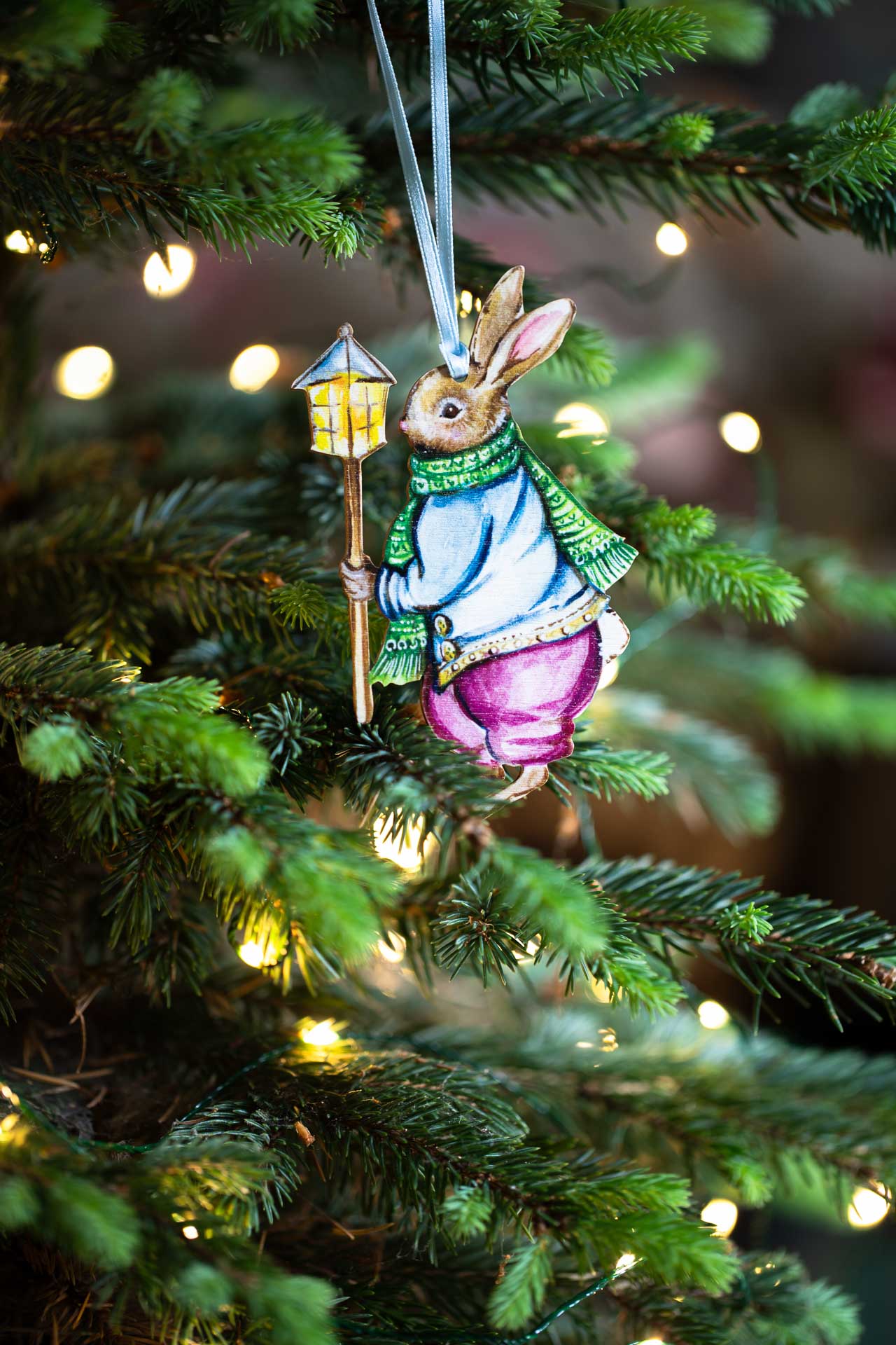 Christmas Boy Bunny With Lantern ~ Hanging Wooden Decoration