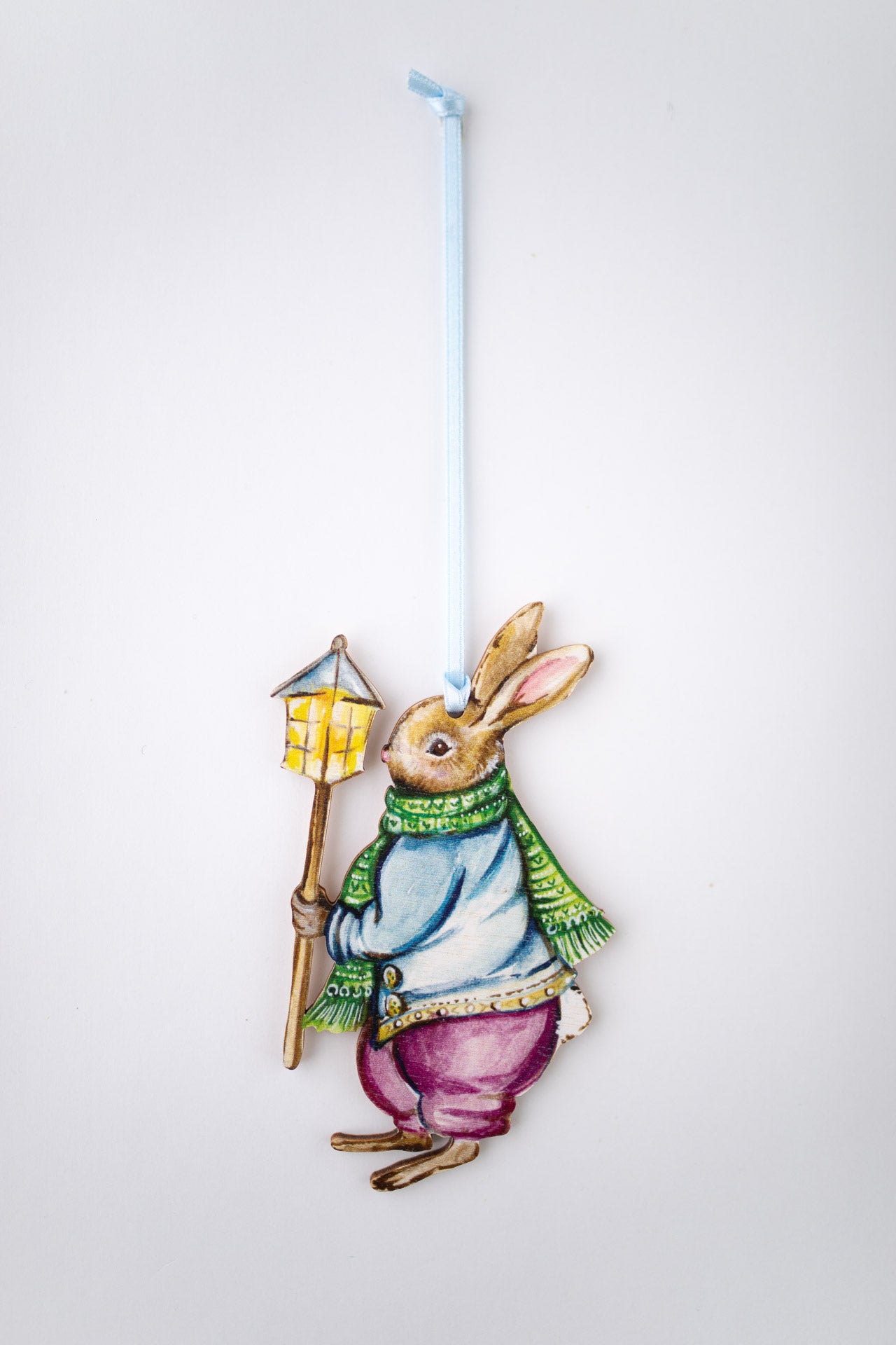 Christmas Boy Bunny With Lantern ~ Hanging Wooden Decoration