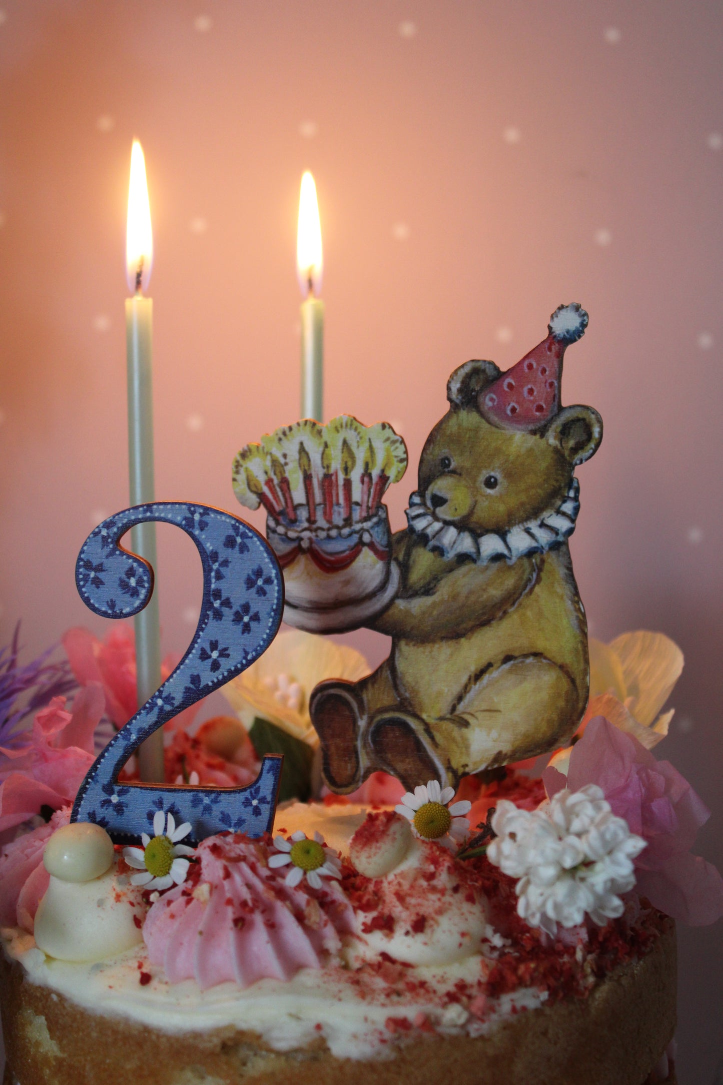 PRE ORDER - Birthday Teddy - Wooden Cake Topper