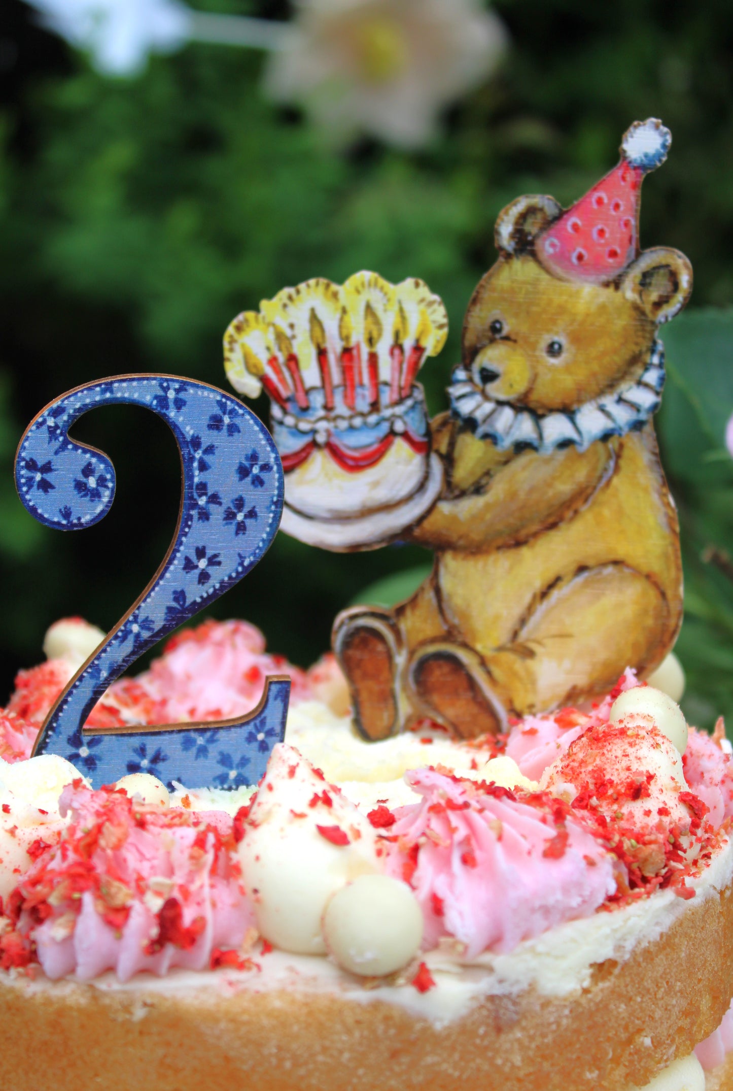 PRE ORDER - Birthday Teddy - Wooden Cake Topper