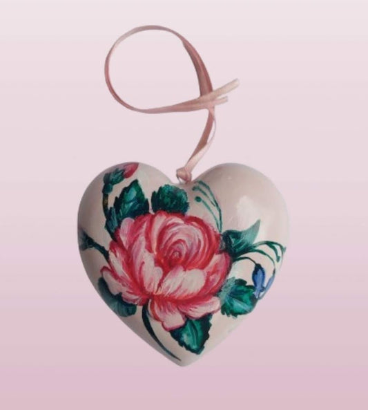Rose Heart ~ Hand Painted Ceramic Heart Shaped Bauble